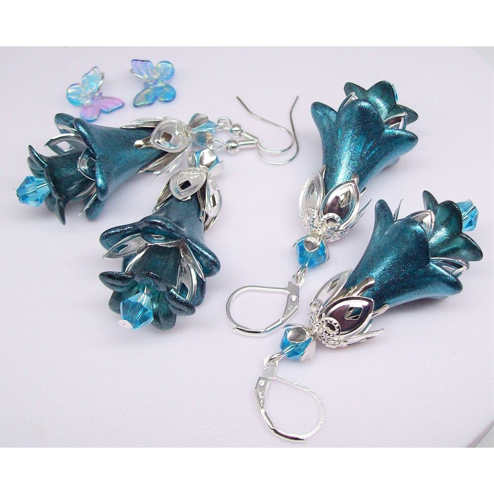 Teal blue flower earrings dangle, Hand painted, Artisan crafted, Unique gift for